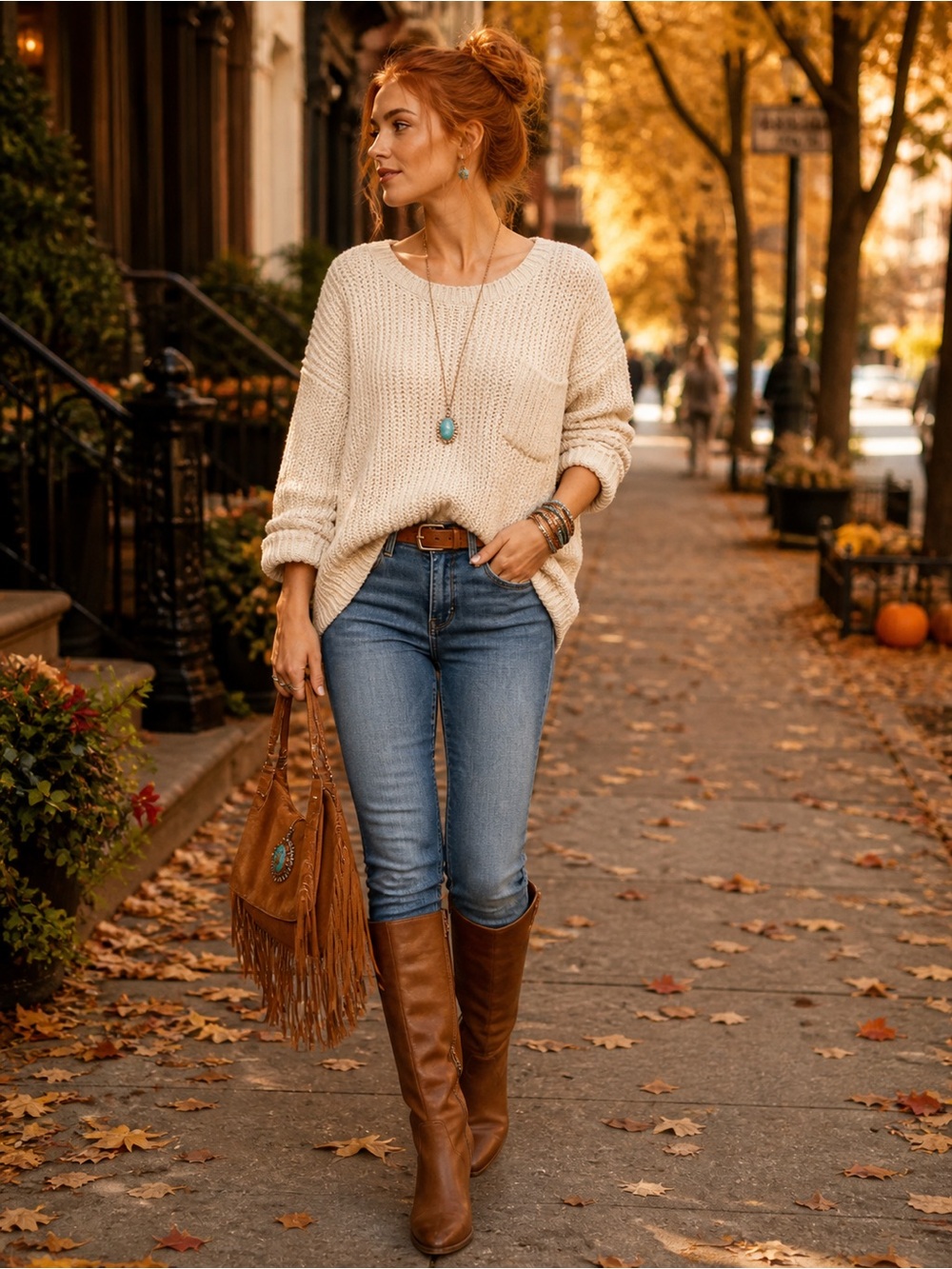 Beige Chunky Knit Pocket Sweater - Women